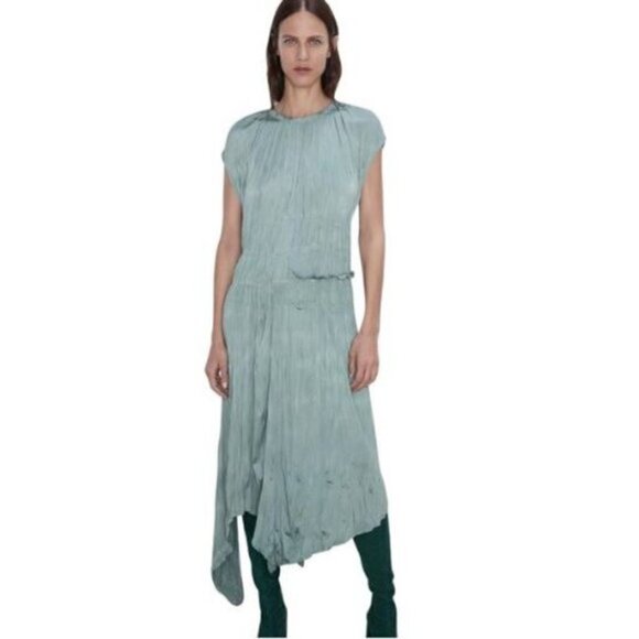 NWT ZARA Green New Midi Asymmetric Wrinkle Look Cocktail Dress SMALL - Picture 2 of 6